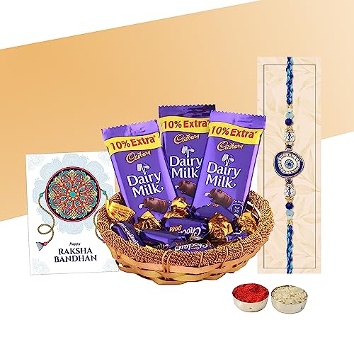 Image of Chocoloony Designer Rakhi with 3 Dairy Milk Chocolates & 10 Chocolairs Candy | Rakhi Chocolate Gift for Brother | Premium Rakhi Chocolate Basket Hamper | Roli, Chawal, Greeting Card, 200 grams