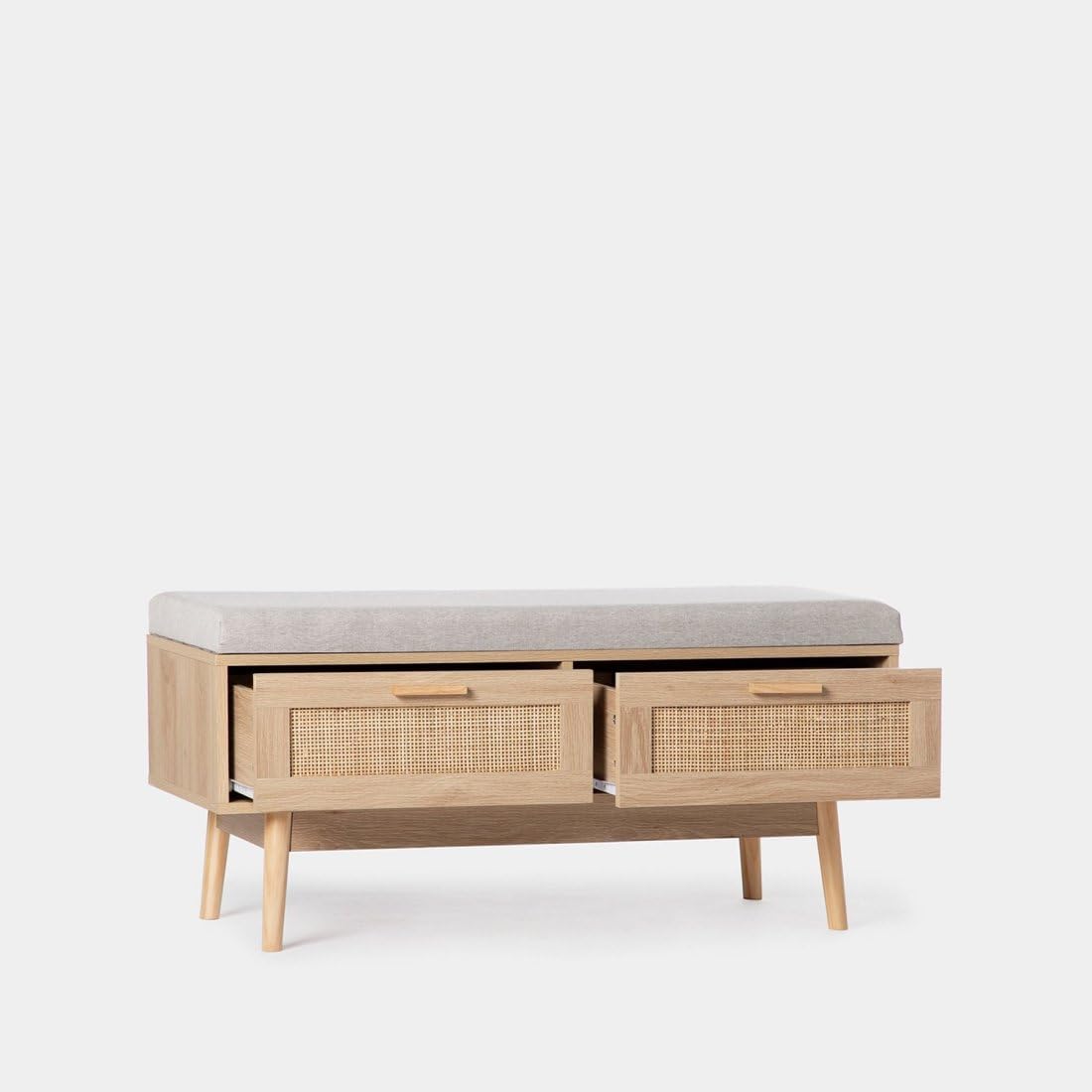 KLAST Banc en Bois et Rotin Naturel avec Coussin Tahiti Comprend Deux Tiroirs et Apporte Une Touche Naturelle et Confort à Tout Espace