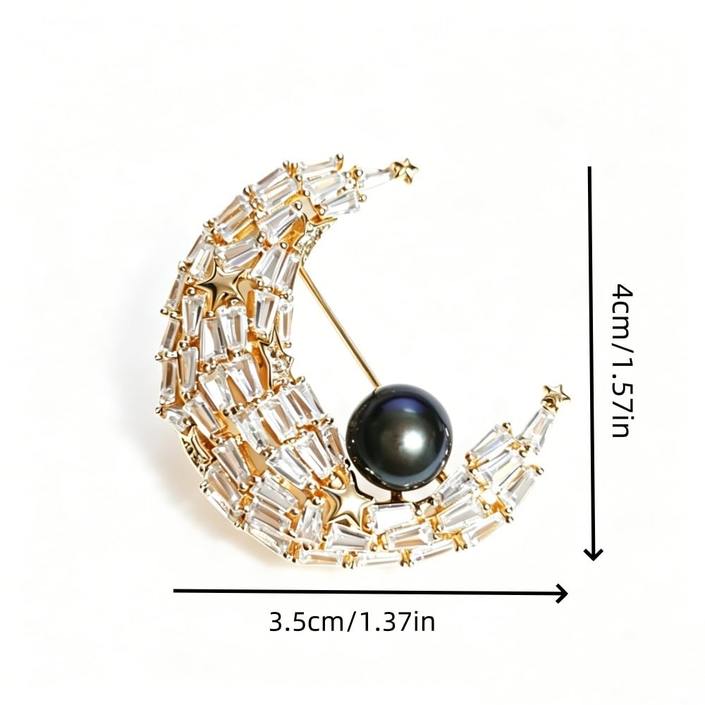 Broche de perlas de luna, combinado con incrustaciones de circonita tridimensional de lujo de perlas negras naturales, joyería elegante para bufandas, chaquetas, bodas y fiestas, viene con una caja de