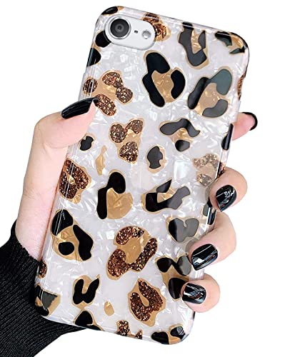 J.West iPod Touch 7th Gen Case - Sparkle Translucent Clear Glitter White Leopard Print Soft TPU Silicone Case Cover for Girls Women