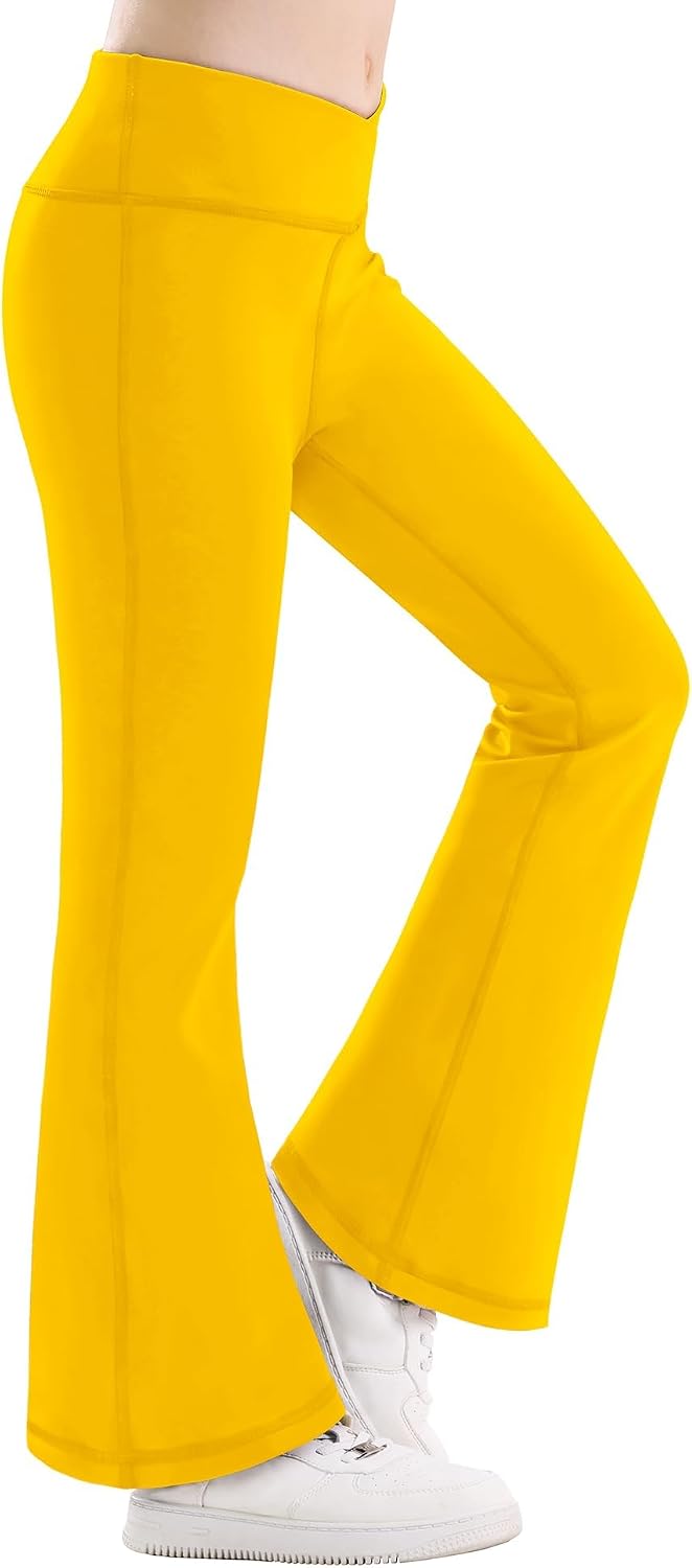 Toddler Girls Flared Leggings Yoga Pants Cross Over High Waisted Bell Bottom Pants for Toddler Kids Stretchy Casual Bootcut Leggings for Dance Activewear Full Length Bright Yellow 5Y-6Y