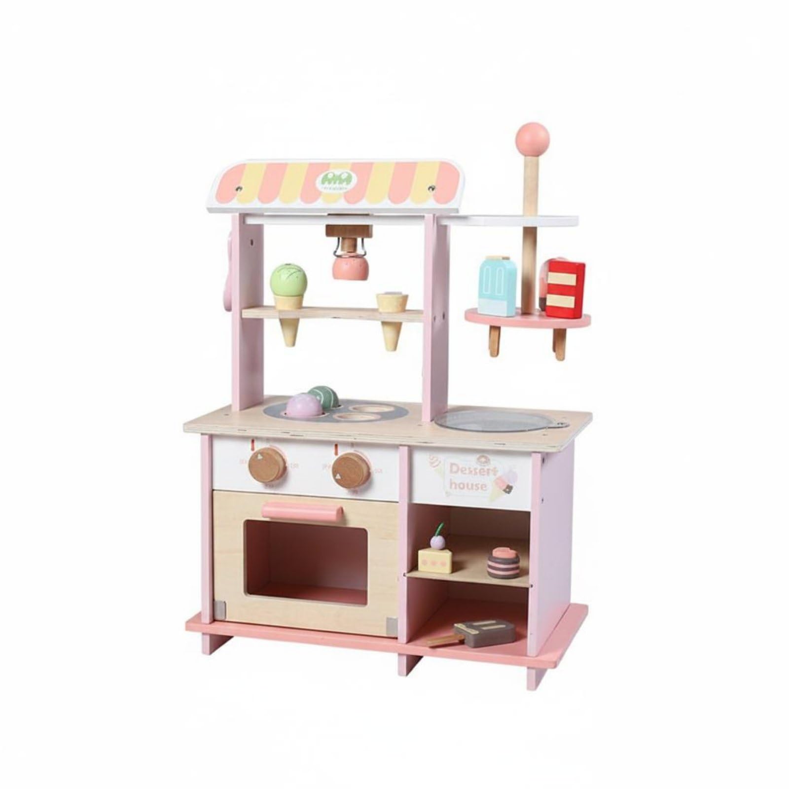 Jiuvaso Kids Dessert Playhouse Banco Gelati Finto per Bambini Negozio di Dolci in Legno Gioco di Ruolo Educativo Set Interattivo con Accessori Adatto per Casa Spazio Giochi Momenti Famiglia