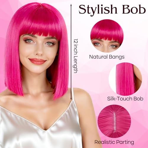 Image of PLULON Hot Pink Bob Wig with Bangs, Short Straight Bob Wig with Heart Sunglasses 12Inch Shoulder Length Heat Resistant Synthetic Hair for Women Natural Look Daily Use Cosplay Halloween Costume Party
