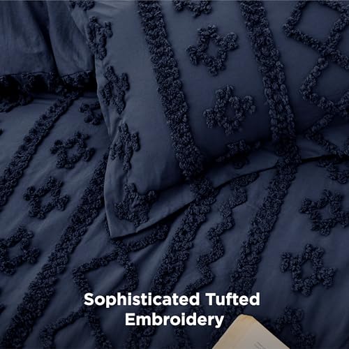 Bedsure Tufted Boho Comforter Set Queen Size - Navy Boho Bed Set, GentleSoft™ 3 Pieces Farmhouse Shabby Chic Embroidery Bedding, Gifts for Woman, Soft Jacquard Queen Comforter for All Seasons