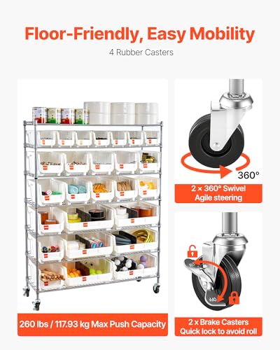 Image of VEVOR 7-Tier Rolling Bin Storage Rack, 26 Organizer Bins, Bin Rack Storage Steel Wire Shelving System with Wheels, Mobile Tool Organizer for Garage, Warehouse, Office, Restaurant, Kitchen, Classroom