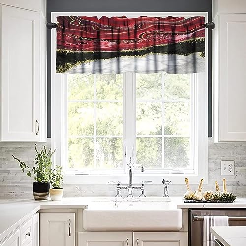 Image of Black White Burgundy Marble Window Valance Curtain, Abstract Modern Ink Texture Maroon Gold Veins Unique Ombre Window Valances Treatments for Kitchen Living Room Cafe Decor 54'x18', 1 Panel