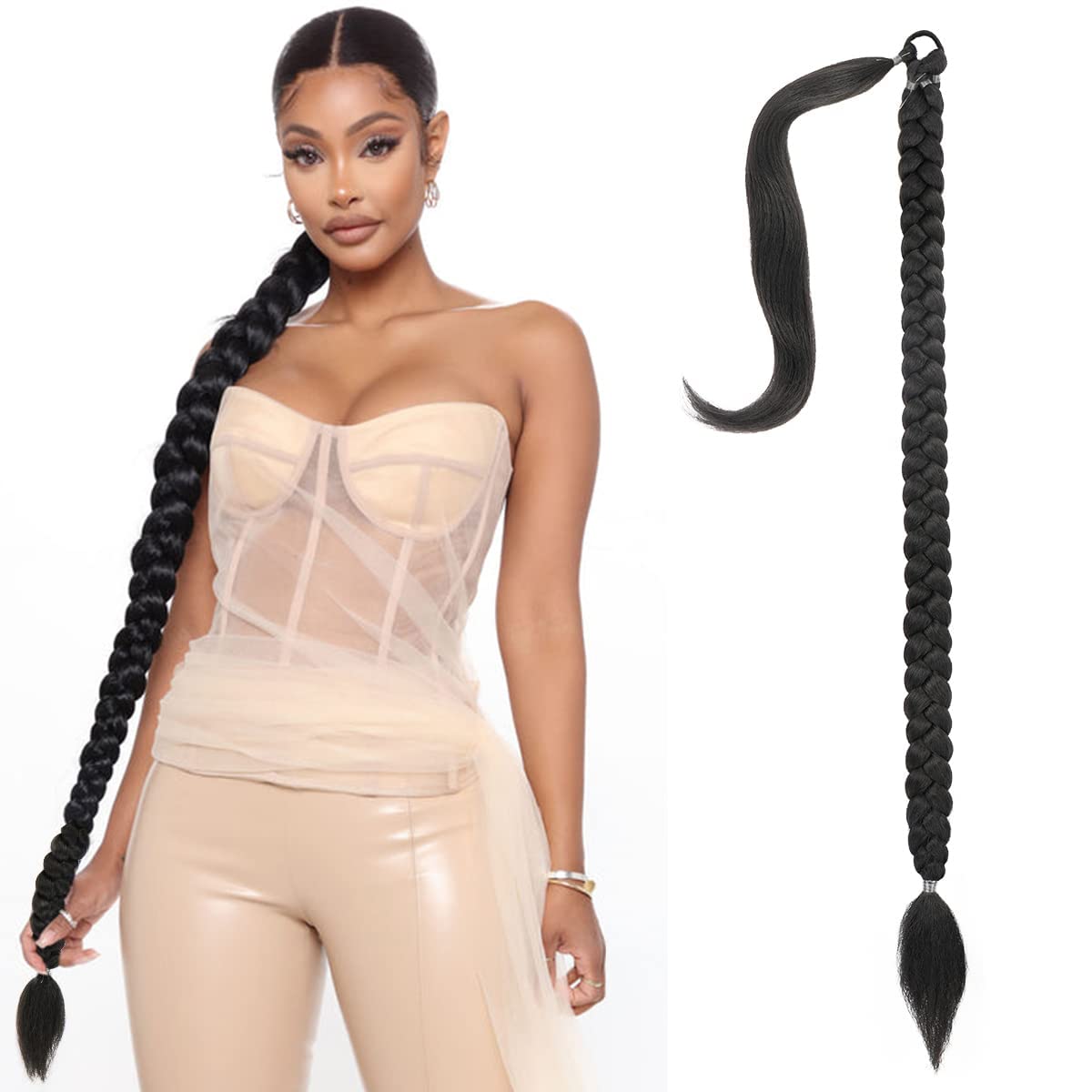 Photo 1 of Black Ponytail Extension Long Braided Ponytail Extension with Hair Tie Straight Wrap Around Hair Extensions Ponytail 34 Inch Natural Soft Synthetic Hair Piece for Women Daily Wear… (Black, 34Inch) Black-unbraided 38 Inch*****Factory Sealed
