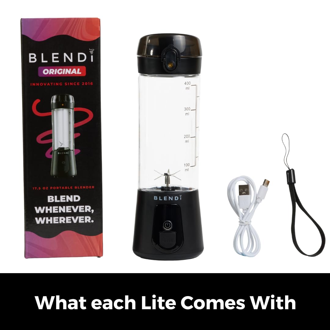 BLENDi Licuadora portátil Lite (17 onzas) – Recargable por USB, potente motor de 70 W para batidos, batidos de proteínas y más – Compacta, apta para viajes y sin BPA (negro)