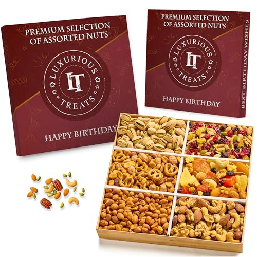 Luxurious Treats Nuts Gift Basket, Happy Birthday Nut Gifts Gourmet Collection Healthy Food Box Mixed Cravings Platter Tray Sampler Assortment Mix for Men Women