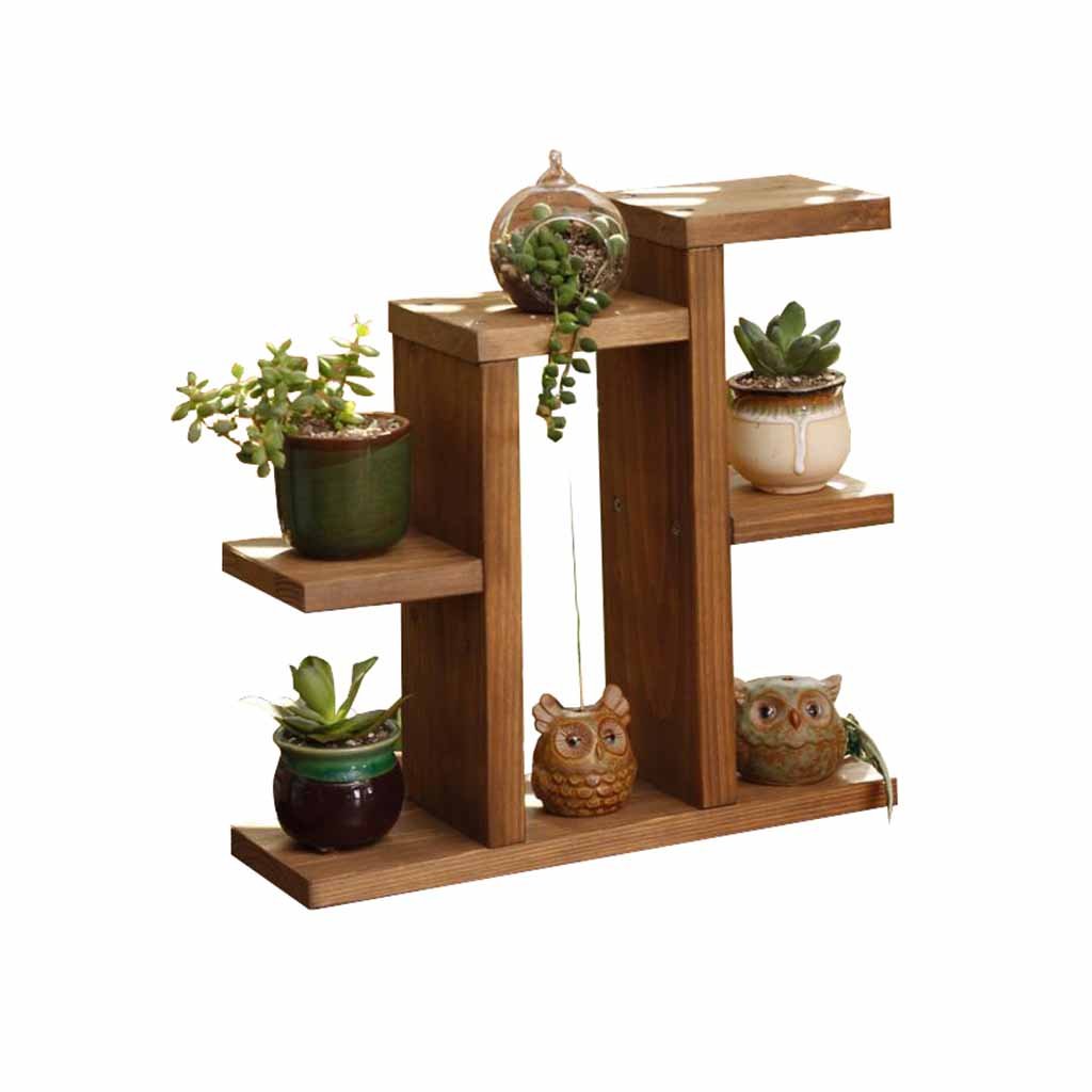 Solid Wood Desktop Small Flower Stand Multi-tier Simple Office Succulents Rack Balcony Bay Window Flower Pot Plant Shelf Vintage Coffee Color Indoor (Size:L31cm X W10cm X H34.5cm)