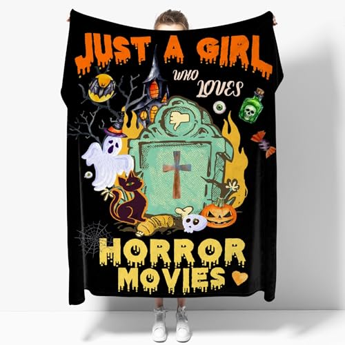 Image of Just A Girl Who Loves Horror Movies Blanket Ultra-Soft Warm Plush Soft Throw Gifts Lightweight Flannel Blankets for All Season Bed Couch Chair Living Room 80 inchx60 inch Large for Men Women