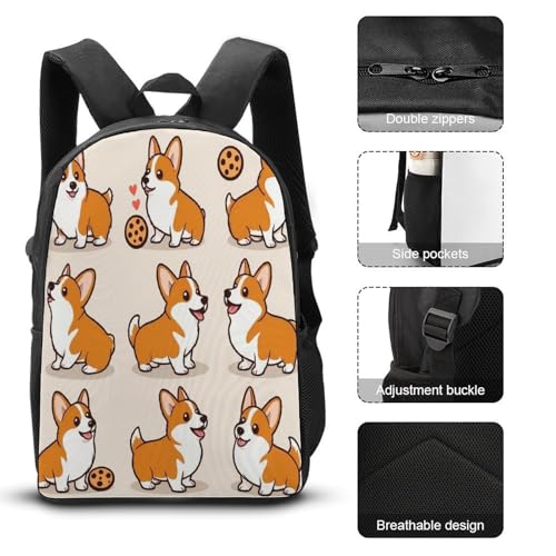 Multifunction 3 Pcs Set for Men Women, Soft Cute Corgi And Cookie Pencil Pouch, Lunch Bag Easy to Storage, Backpack for Travel3