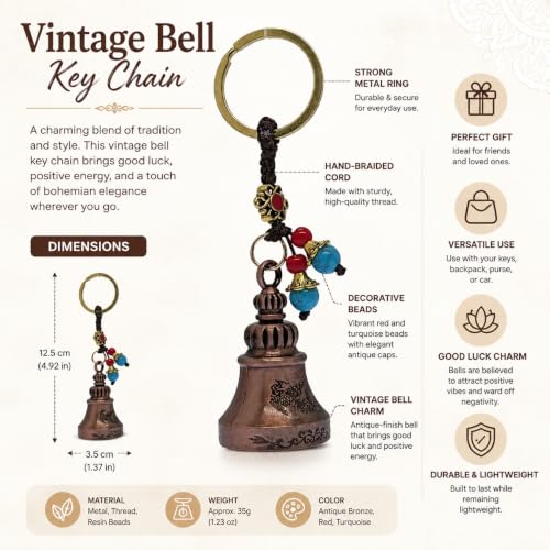 Image of Classic Antique Tibetan Temple Bell Shaped Keyring for Gift Gaurdian bell for Car Bike Bags Metal Key ring Key Chain Bag Charm Gift
