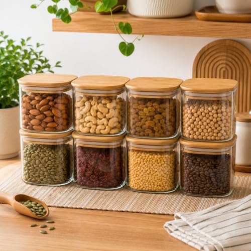 Image of Airtight Square Glass Storage Jar with Bamboo Lid, 500ml Multipurpose Kitchen Container for Coffee, Tea, Sugar, Masala, Spices & Dry Fruits | Modern Transparent Pantry Organizer (Pack of 8)