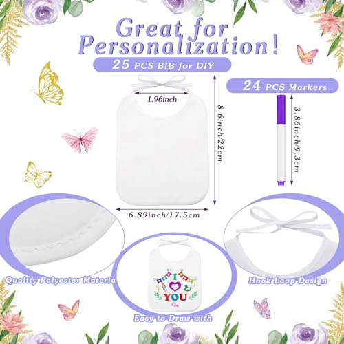 50 Pcs Baby Shower Game White Bibs Supply Includes 1 Wooden Baby Shower Game Sign 25 DIY Blank White Bibs Feeder 24 Fabric Markers(Butterfly)4