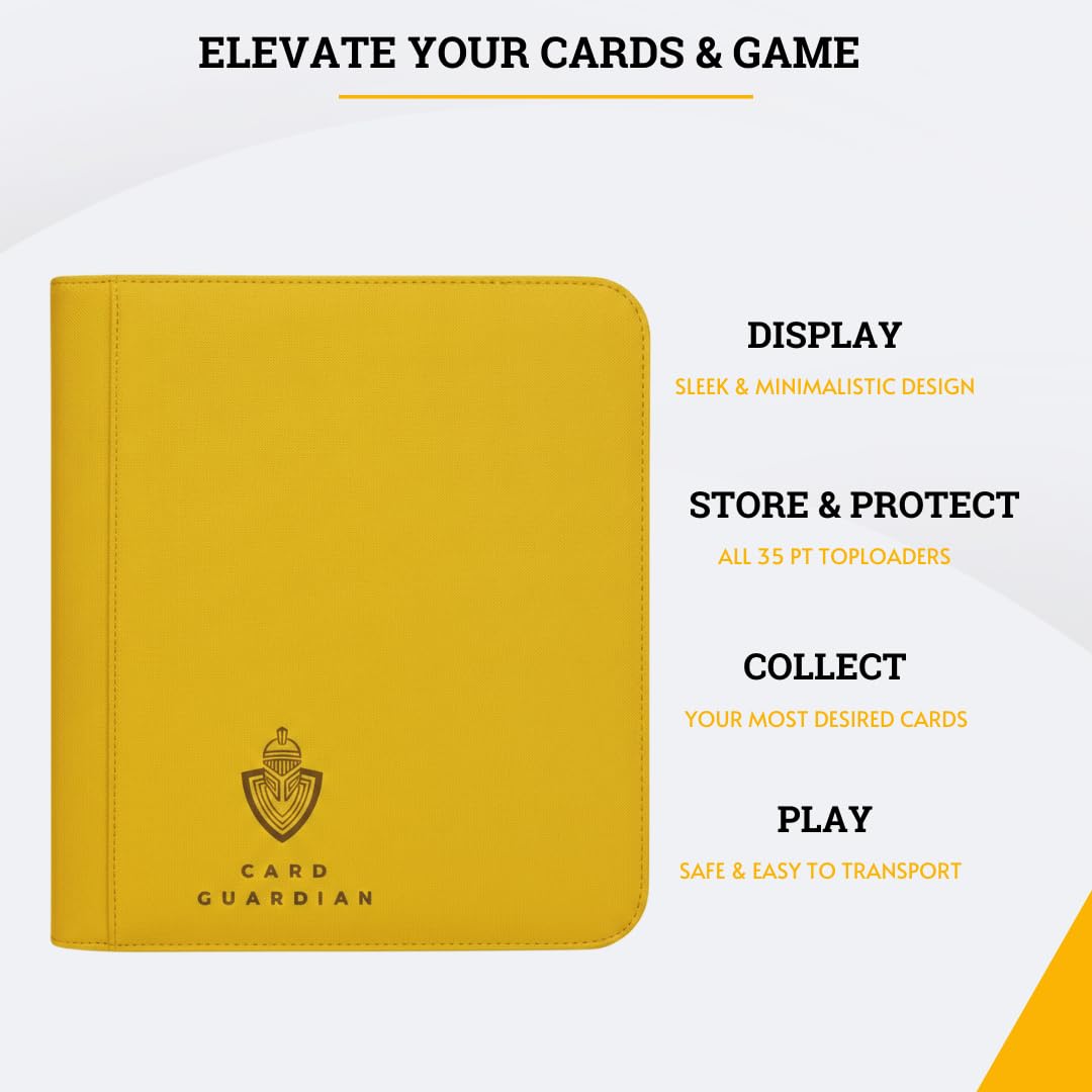 Card Guardian Toploader - Carpeta prémium de 4 bolsillos con cremallera para 160 tarjetas - Bolsillos laterales - Compatible con tarjetas deportivas y coleccionables TCG (amarillo)