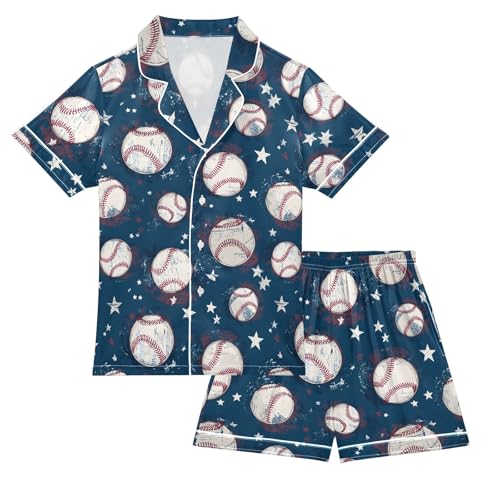 Navy Cartoon Baseball Pattern Summer Satin Pajama Set, Cute Button-Down Sleepwear Pj Set for Sleep Wears