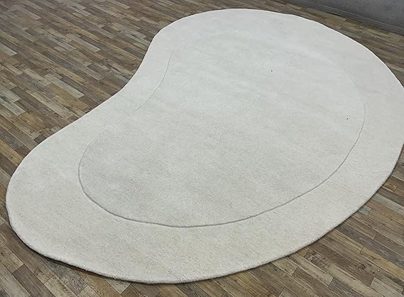 Rug Handmade Kidney Design Premium Quality Hand Tufted Mango Nz Wool White Area Rug Carpets use for Bedroom, LivingRoom, Office, Hall, Kitchen Room,