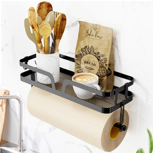 Image of Taozun Paper Towel Holder with Shelf, Kitchen Paper Holder Spice Rack Black Paper Towel Roll Holder RV Paper Towel Rack with 4 Hooks(2 Installation Methods - Self-Adhesive and Drilling)