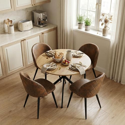 Songvas Ensemble 1 Table et 4 Chaises, Table Ronde 100cm, Chaises Suède, déal pour Salle à Manger, Cuisine et Salon, Table a Manger:100x100x75cm,...