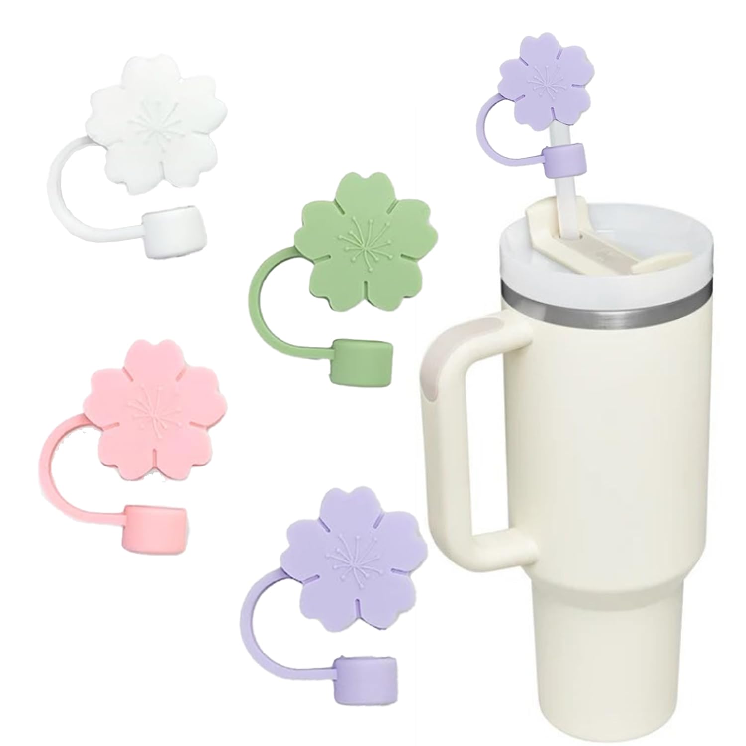 Stanley Straw Cover 4Pcs Straw Cover Cap for Stanley Cup 40&30Oz 10mm Cute Flower Silicone Straw Toppers Reusale Straw Covers Cap for Tumblers Straw Tip Cover Cup Accessories