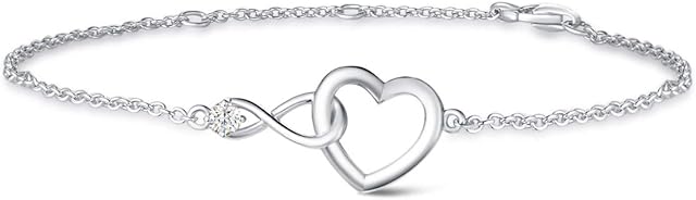 FANCIME 925 Sterling Silver White/Gold Plated Necklace/Bracelet Heart Infinity Pendant with Cubic Zirconia and Adjustable Chain Valentine's Day Anniversary Present Jewellery Gifts for Women Girls Her