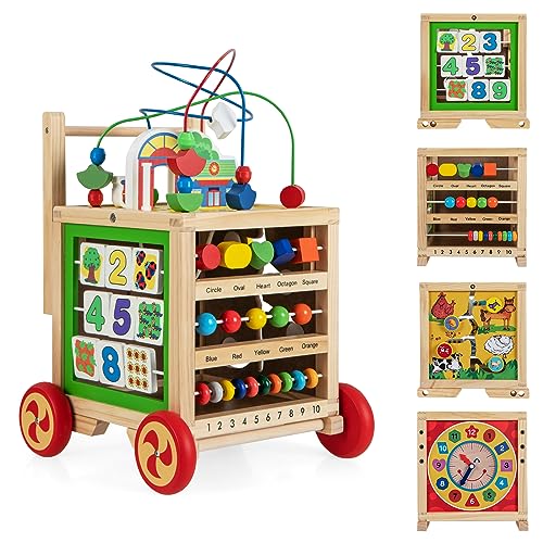 Image of Costzon Wooden Activity Cube Center, 6-in-1 Developmental Learning Educational Toy w/Bead Maze, Clock, Abacus, Baby Walker Activity Cube for Babies Aged 1+