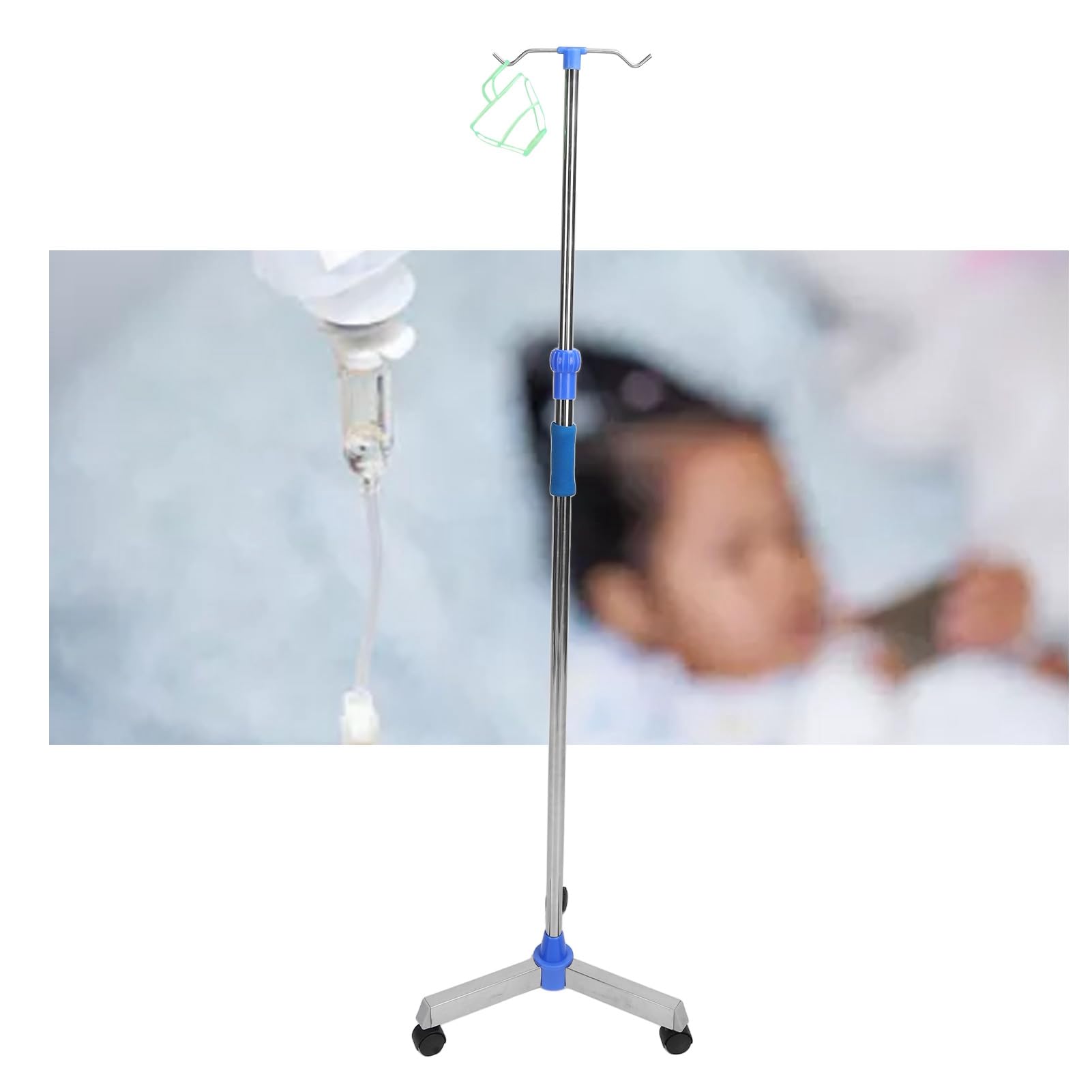 Asta Portaflebo, Asta Portaflebo Pavimento in Acciaio Inossidabile con Altezza Regolabile, Base Triangolare con Ruote, Asta Spessa, 2 Ganci, Supporto per Borsa Portaflebo per