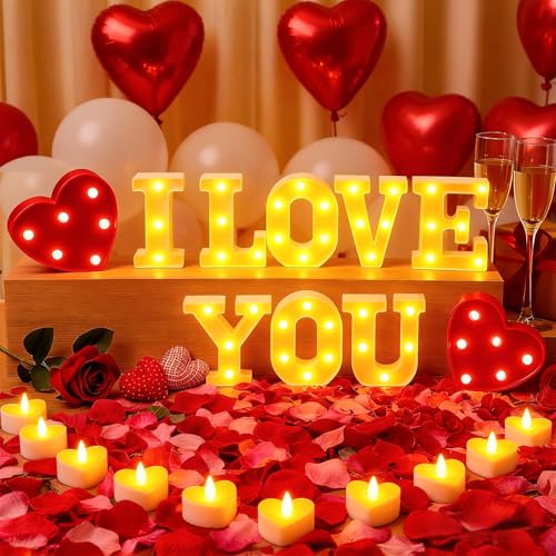 73 PCS I Love You Light Up Letters Set with 30 Tea Lights Candles Rose Petals Round Pearlescent Balloon Aluminum Balloons Romantic Valentines Day Wedding Engagement Birthday Party Decoration
