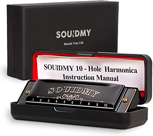 Harmonica, SOUIDMY Blues Harmonica for Adults,Beginners, Key of C, 10 Holes 20 Tones Mouth Organ, Stainless Steel Shell, with Gift Case