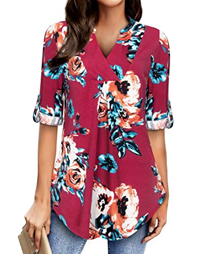 Image of Womens Notch V Neck 3 /4 Sleeve Dressy Tunic Shirts Work Blouse