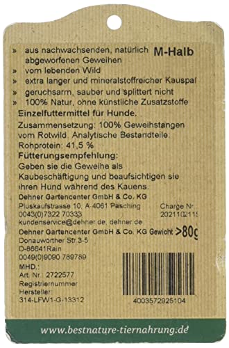 Dehner Best Nature Hundesnack, hochwertiges Leckerli geruchsarm / 100 % narürlich, Kausnack für Hunde, Rothirsch-Geweih halb, Größe M