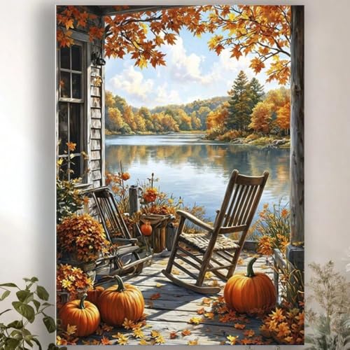 Tableau sur toile 70 x 120 cm avec cadre premium, paysage de lac en automne haute définition