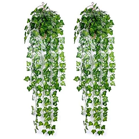 Ousuga Artificial Ivy Garland,2PCS Ivy Garland Fake Vine UV Resistant Greenery Leaves Fake Plants Hanging Vine Plant for Home Kitchen Garden Office Wedding Wall Decoration Indoor Outdoor Cover