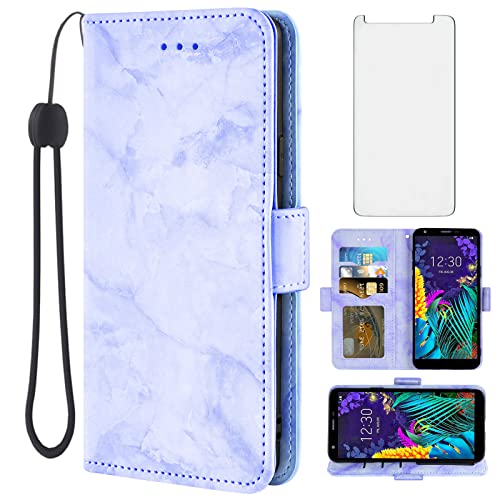Asuwish Compatible with LG Aristo 4 Plus 4+/Tribute Royal X320/Escape Plus/Journey LTE L322DL/K30 2019 Case and Screen Protector Card Holder Kickstand Flip Marble Wallet Phone Cover for K 30 X2 Purple