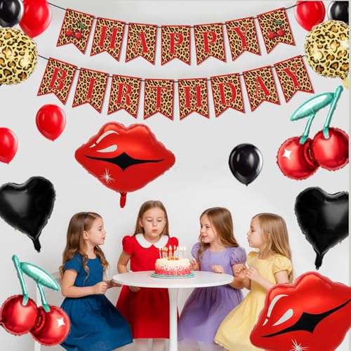 Image of Red Cheetah Birthday Decorations, Banner with Foil Balloons | Quick and Easy Setup, Can Float, for Bachelorette Party Decor, Kiss the Miss Goodbye, Women's Birthday