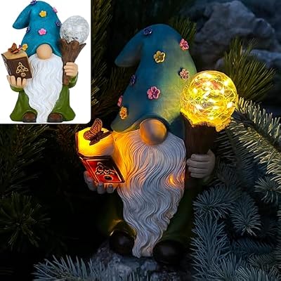 Garden Gnome - Solar Magician Gnome Figurine - 9.45 Inch Tall Decor Outdoor Lawn Statue with LED Lights