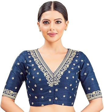 Womens Embroidered Wedding Saree Blouse Wedding Wear Sari Choli Tunic Crop Top Fabric Navy Blue, M 34