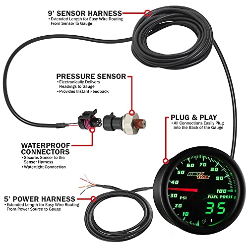 Maxtow Double Vision 100 Psi Fuel Pressure Gauge Kit - Includes Electronic Sensor - Black Gauge Face - Green Led Illuminated Dial - Analog & Digital Readouts - For Trucks - 2-1/16" 52Mm #TOP1