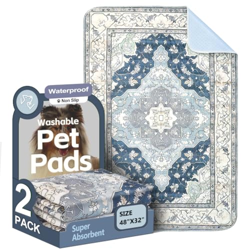 Image of Washable Pee Pads for Dogs, 2 Pack Reusable Puppy Training Pads 48 inchx32 inch Super Absorbent Waterproof Dog Training Pads, Non-Slip Potty Pads, Whelping Pads Litter Mat Navy & Ecru