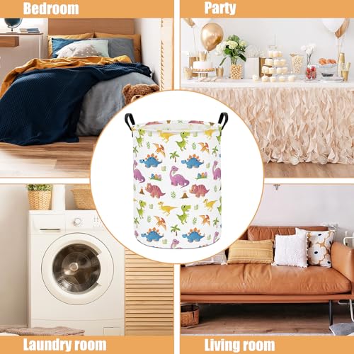 Image of Round Laundry Basket Collapsible Storage Hamper Organizer Cute Dinosaur | Waterproof Canvas Foldable Baskets with sturdy Handles Multi-scene Organizer for Home Play Bedroom Gift Bin