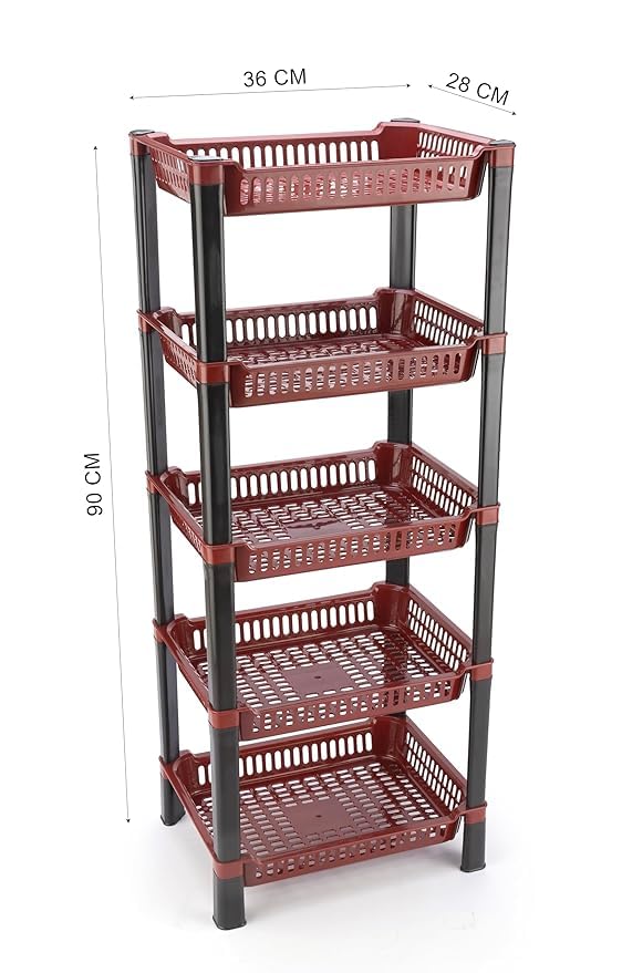 Image of U-Max Multi Tire Kitchen Storage Rack, Plastic Utility Shelf Organiser, Space Saving Storage Solution, Revolving Vegetable Rack (Maroon, 5)
