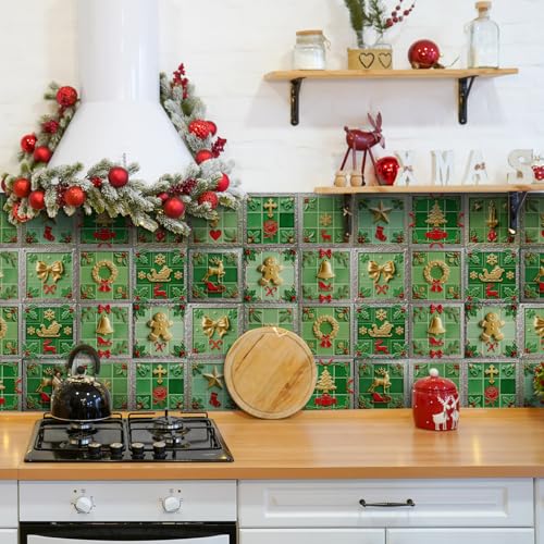 Baldosas Adhesivas Navidad De Oro Verde Suelo Vinilo Autoadhesivo Vinilo Impermeables Panel Revestimiento Ducha para Baño Cocina Gabinete Muebles Decoración Azulejos Adhesivos 10x10cm /24 Piezas
