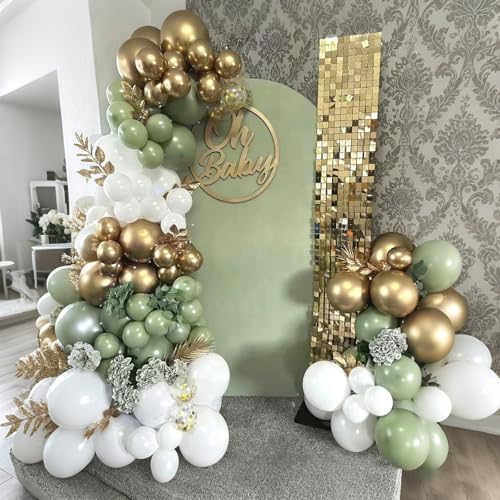 Image of Lukiituke Sage Green and Gold Balloon Arch Kit, 134Pcs Sage Green Balloons | 4 Sizes Birthday Balloons for Baby Shower, Wedding, Bridal Party Decorations