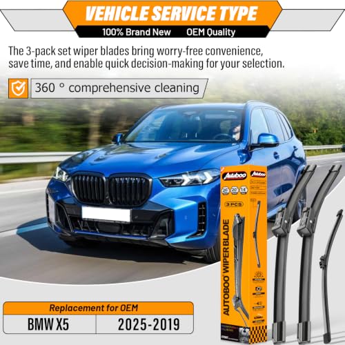 Image of AUTOBOO Windshield Wiper Blade Replacement for BMW X5 2019-2025 | Fits X5 2019-2025; 26 inch+20 inch front + 14 inch rear, OE fit, all-weather, quiet, easy install