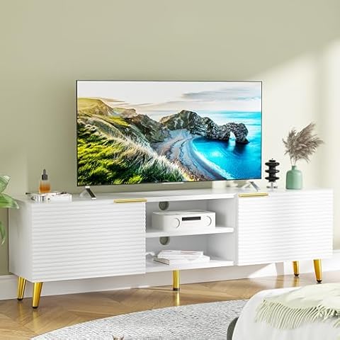 TV Stand for 65 Inch TV, Modern Entertainment Center with Storage Cabinet and Open Shelves, Media Console Table for Living Room, Bedroom, White Cover