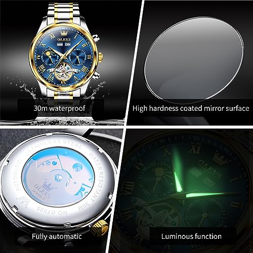 Image of OLEVS Automatic Men Watch Self Winding Mechanical Moon Phase Business Luxury Diamond Dress Stainless Steel Waterproof Luminous Mens Wrist Watch