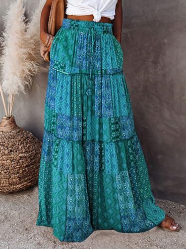 Womens Floral Boho Long Maxi Skirt Elastic High Waist Pleated Ruffle Flowy Tiered Swing Beach Skirt with Pocket3