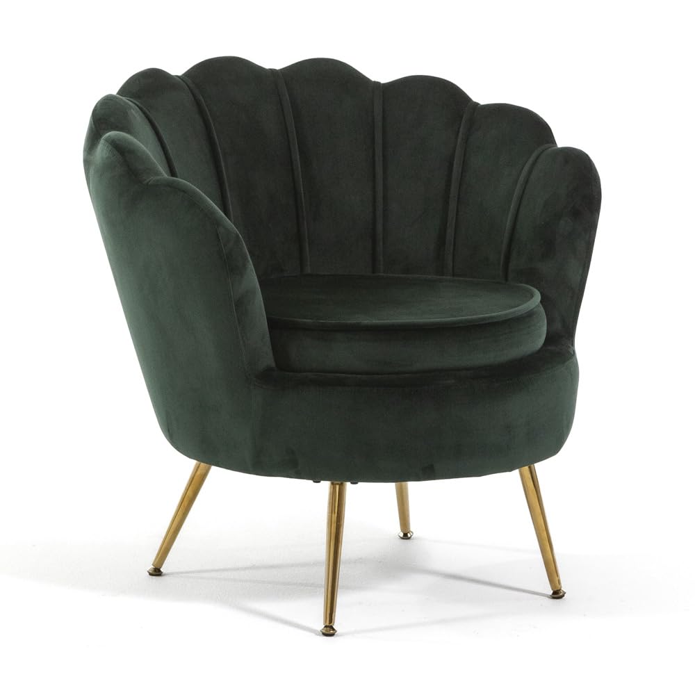 Poltrona Imbottita con schienale a conchiglia in velluto con gambe cromate dorate, poltrona da salotto e camera da letto design vintage e retrò Perla (Gambe Oro, Velluto Verde Scuro)
