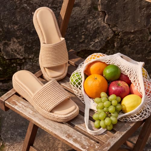 Image of Monrovia Platform Sandals Women Raffia Espadrille Slides, Woven Straw Flatform Beach Sandals Women, Slip On Summer Vacation Shoes, Comfortable Casual Daily Wear